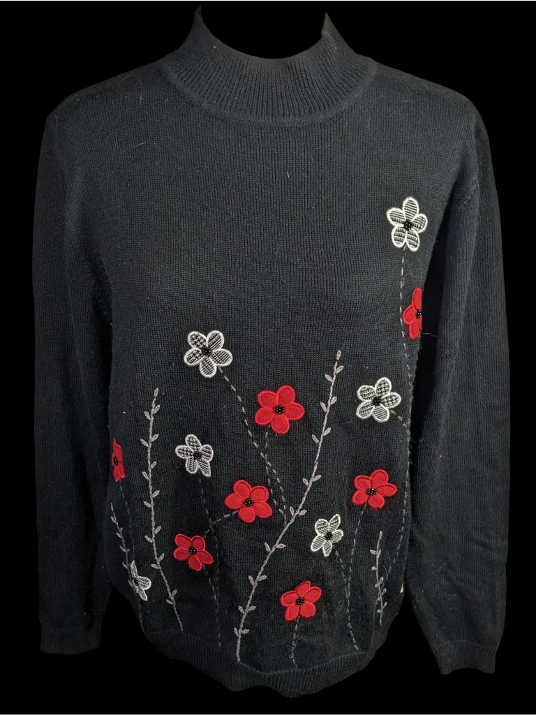 Vintage Preppy Alfred Dunner Black Floral Embroidered Sweater S AcrylicWool